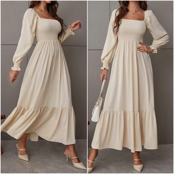Boho Puff Sleeve Minimalist Ruffle Maxi Dress - Picture 2 of 11